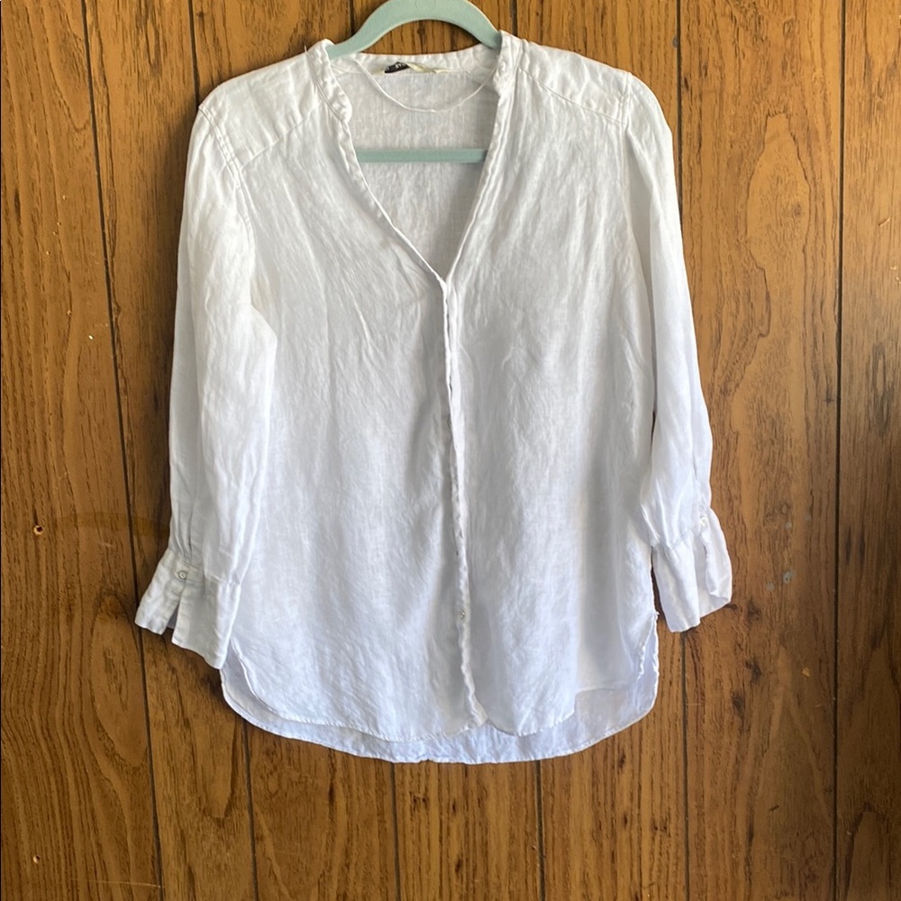 Zara White 3/4 Sleeve Relaxed Blouse with Mandarin Collar